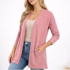 Yana K SOFT French Terry Fleece Open Front Cardigan Pink One Size Fits All Cozy